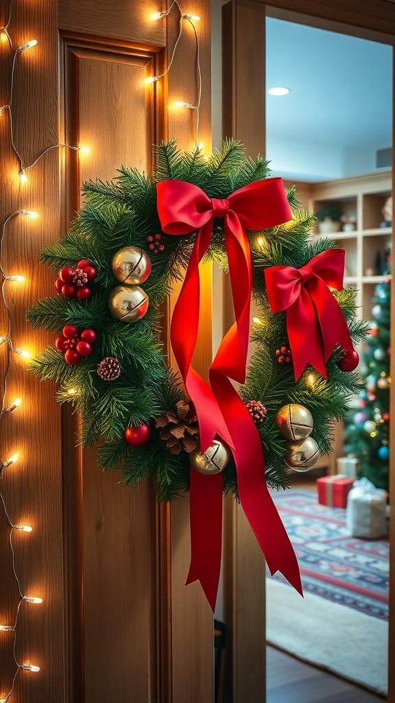 Jingle Bell Christmas Decor Ideas A Christmas wreath with jingle bells and greenery on a wooden door, with festive lights in the background.